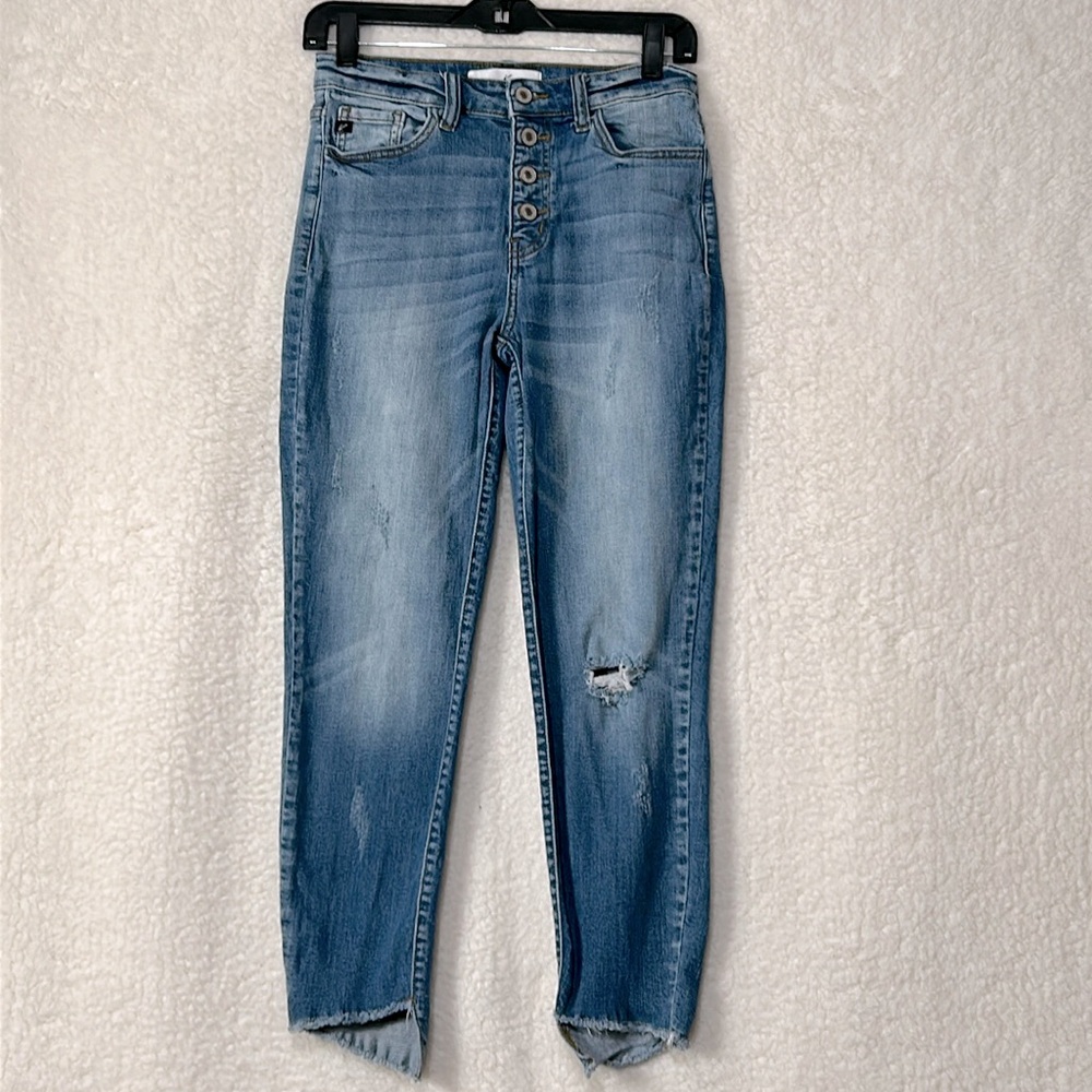 Kancan Ankle Distressed Asymmetrical Hem button front jeans sz 7/27